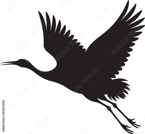 Black Silhouette of Japanese Red Crowned Crane Mid Flight Isolated on White Background