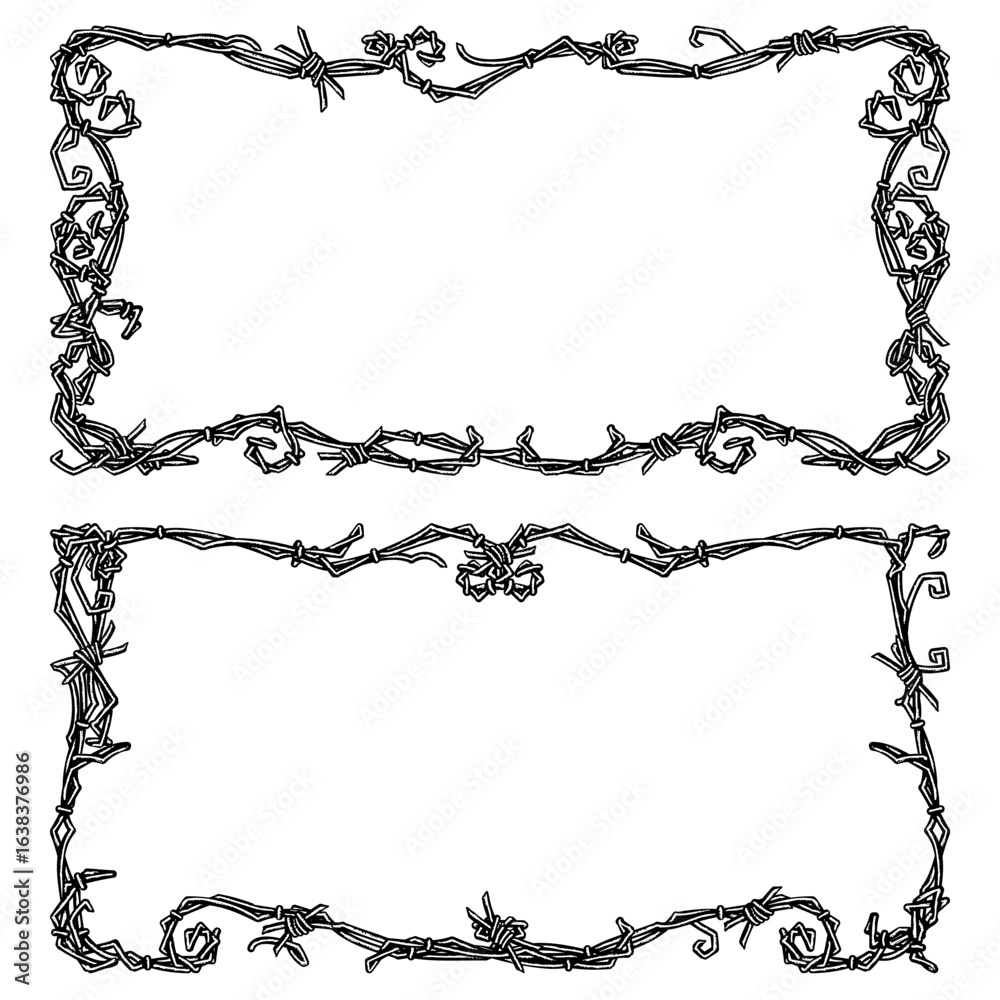 Obraz premium Two decorative rectangular frames made from intricate barbed wire designs, featuring twists, knots, and curled wire details, creating an edgy yet artistic border style perfect for posters, invitations
