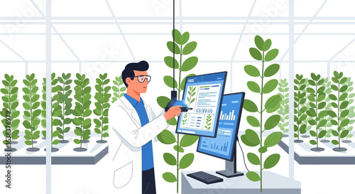 Scientist examines plant growth data in advanced hydroponic greenhouse setup