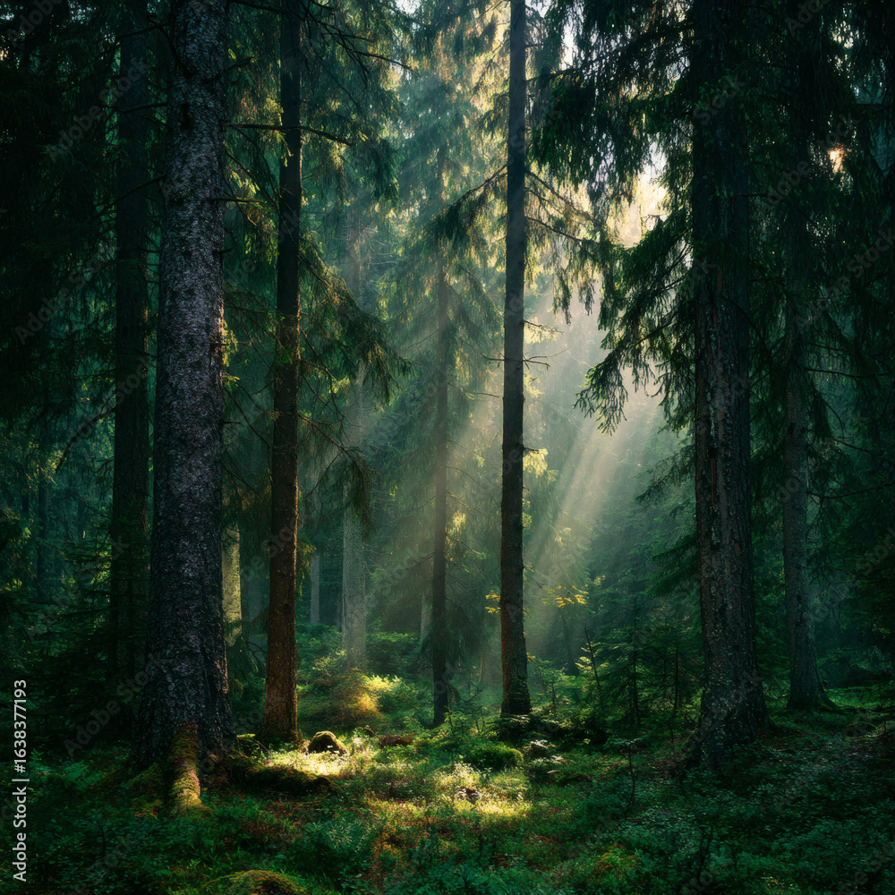 Fototapeta premium A forest with trees and sunlight shining through the leaves