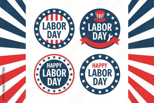 USA Labor Day emblem collection, star and gear badge icons, patriotic celebration vector, American worker holiday, festive label design