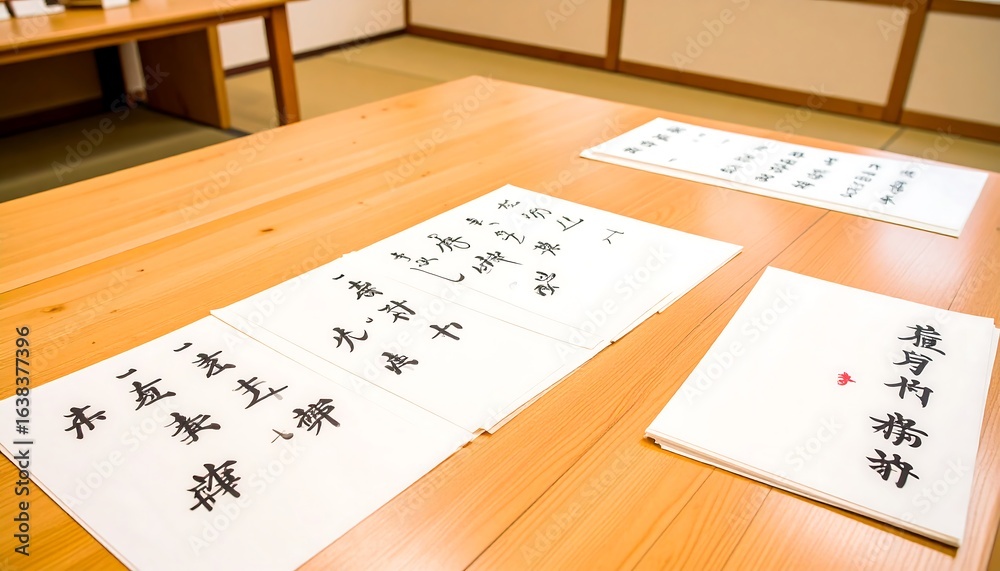 Fototapeta premium Japanese calligraphy scrolls on a table