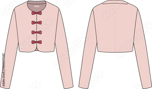 Elegant women's cropped long-sleeve jacket with bow closures, fashionable bolero shrug technical sketch, vector apparel design flat drawing