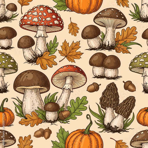 A vintage-style seamless pattern of various autumn mushrooms, pumpkins, acorns, and falling oak leaves.