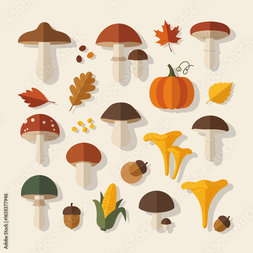 A collection of colorful, flat-design illustrations featuring various mushrooms, autumn leaves, a pumpkin, corn, and acorns, evoking a harvest season theme.