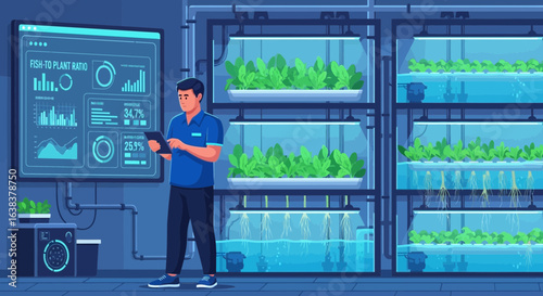 Scientist monitoring aquaponics system for sustainable agriculture development