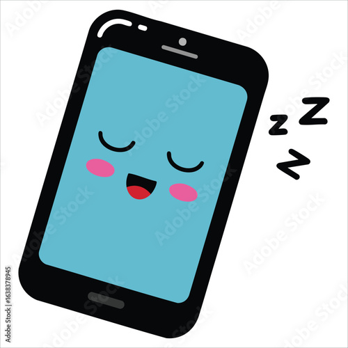 Sleeping mobile phone emoji icon in kawaii style. Cute black smartphone with funny face isolated on white, flat vector design for tech and web visuals