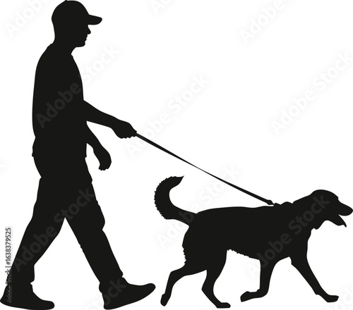 Silhouette of man walking a dog on a leash against a clean white background
