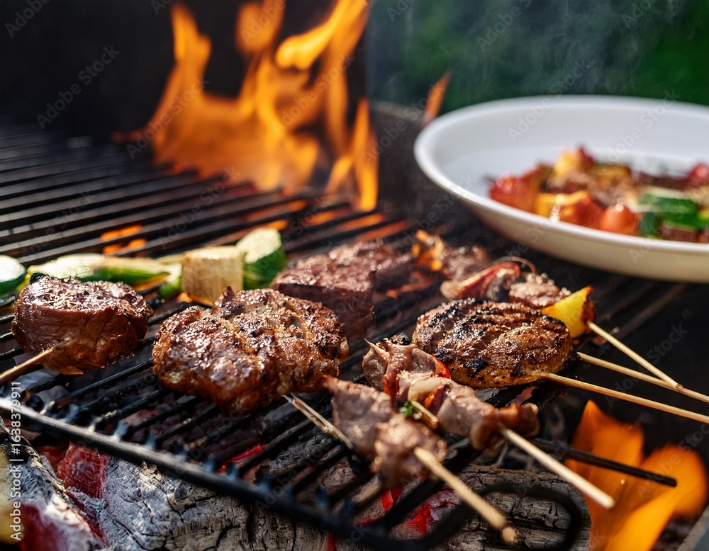 traditional cuisine grilled meat sizzles on hot grill showing local flavor and juicy texture food meat grill bar b q skewer traditional cuisine grilled meat sizzles on hot grill showing local flavor and juicy texture food meat grill bar b q skewer