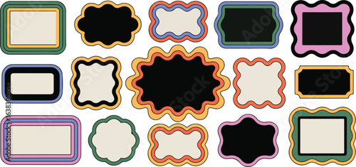 Fifteen colorful retro frames with wavy borders and solid fill in various shapes vector