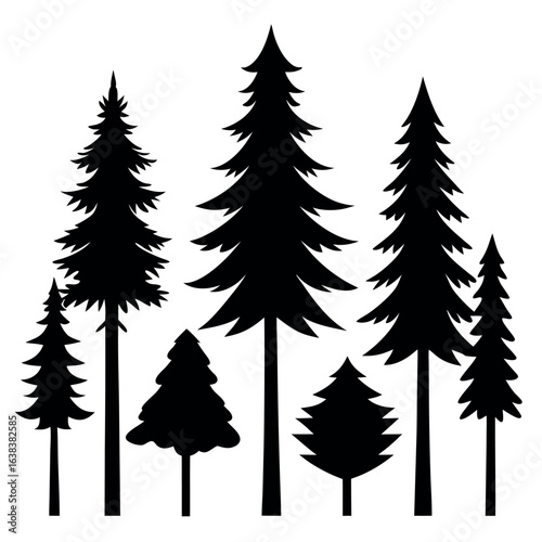 Pine tree silhouettes. Evergreen forest firs and spruces black shapes, wild nature trees templates. Vector illustration woodland trees set on white background