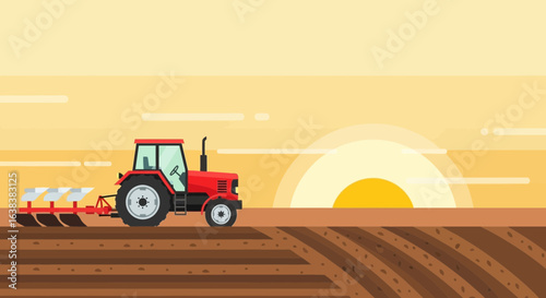 Red tractor plowing land at dawn in a stylized agricultural landscape