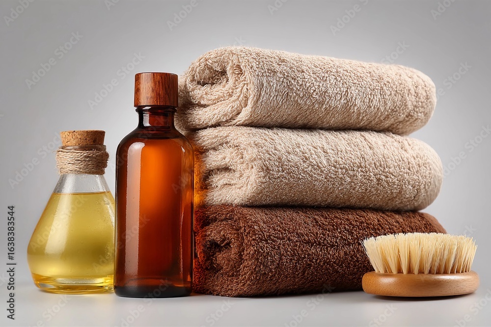 Spa essentials including towels, oils, and a brush arranged on a countertop Spa essentials including towels, oils, and a brush arranged on a countertop