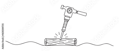 Jackhammer breaking log with sparks wood tool