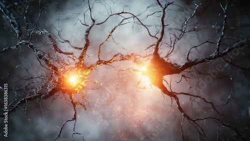 Neurons with glowing synapses transmitting signals in dark neural network illustrating brain activity communication and electric impulses