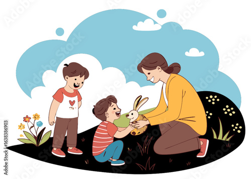 Loving vector art of a cartoon mother and her children shows a woman and her baby, daughter, and son, with other family members