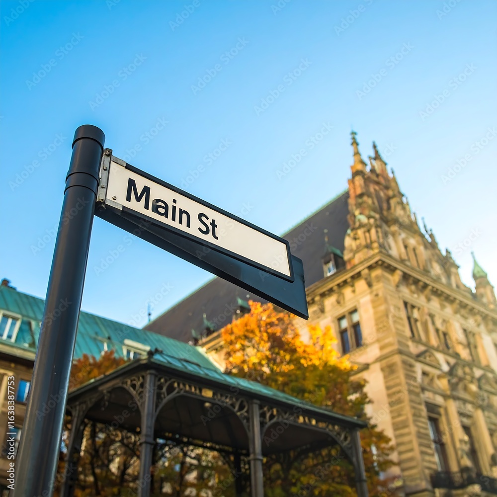 Obraz premium Navigating Main Street: A Classic American Townscape Under Clear Blue Skies