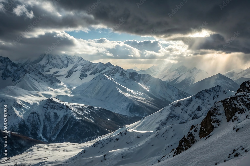 Obraz premium Dramatic sunbeams pierce stormy clouds over majestic snow covered mountain peaks
