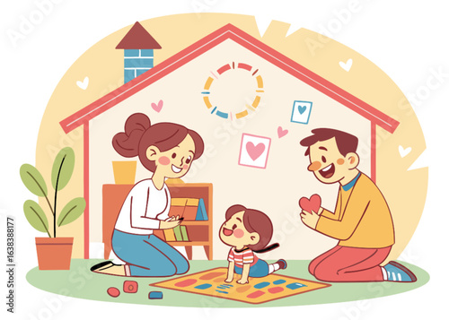 Happiness is a cartoon drawing of a family with a mother, father, and kids playing at home in their garden