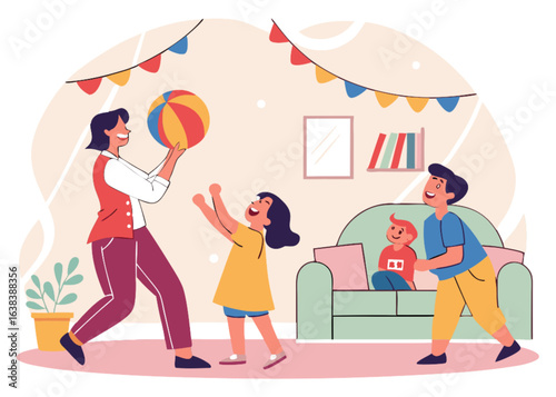 A joyful cartoon family with two children and a baby finds happiness in their city home, full of love and fun