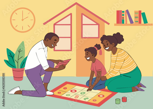 Cartoon illustration of a father and son playing with blocks, happy family fun in a room