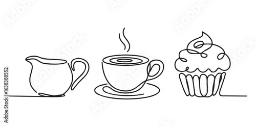 Minimalist line art coffee cup creamer and cupcake vector