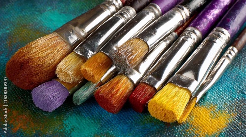 Fototapeta premium Colorful paintbrushes arranged artistically on a textured canvas background in a studio setting