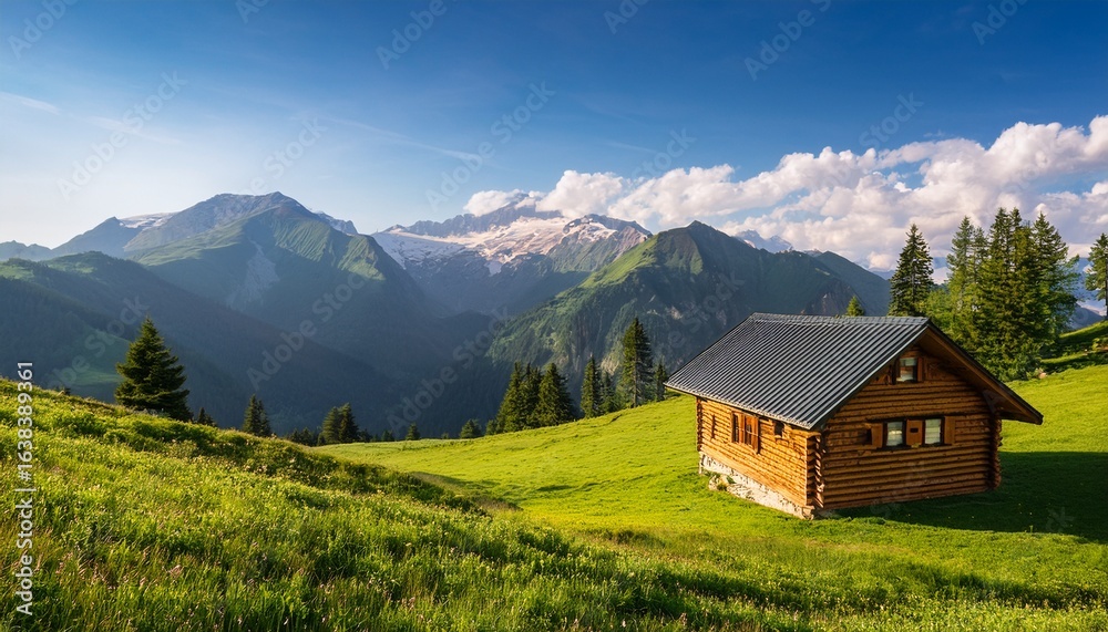 Fototapeta premium a secluded cabin nestled on a lush green hill overlooking majestic mountains