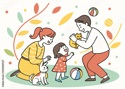 Family cartoon vector set featuring a father and his children, a boy and a girl, having fun with their dog and cat