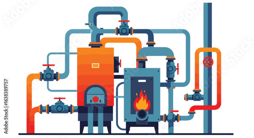 Detailed vibrant boiler room system flat vector illustration for industrial themes