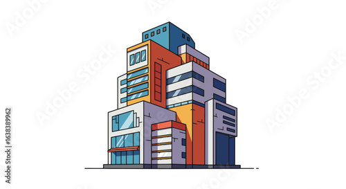 Stylized vector illustration of a futuristic and vibrant smart building complex