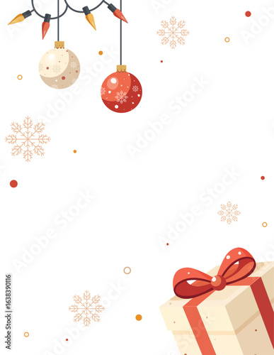 Flat vector Christmas and New Year greeting card template with festive gift boxes, balls, garlands and snowflakes - for festive design with free space in the center
