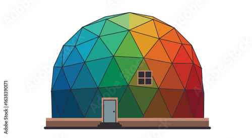 Stylized flat vector illustration of a vibrant geodesic dome house design