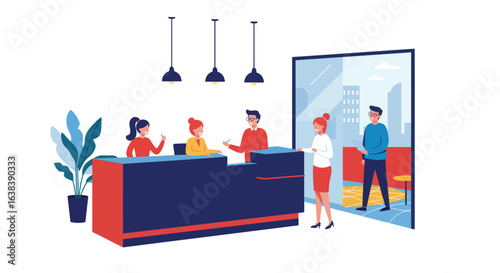 Modern corporate reception area with staff assisting visitors, illustration