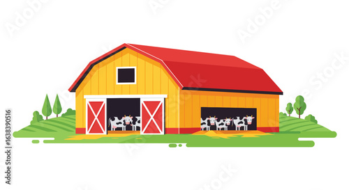 Stylized flat vector illustration of a vibrant cow shed on a farm
