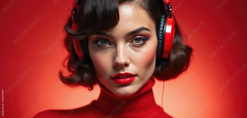 Fototapeta premium Young woman with retro hairstyle, red clothing wears headphones. Chic 60s style portrait captures vintage glamour, timeless fashion. Woman enjoys music, embodying classic elegance, nostalgic era.