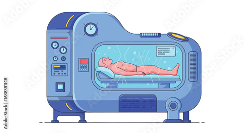 Stylized flat vector illustration of cryogenic sleep chamber interior design