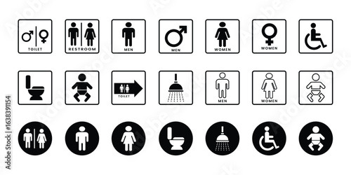 Restroom and toilet accessibility signs for men women children and disabled individuals. Solid icon set of Restroom and Toilet signs perfect for direction stickers