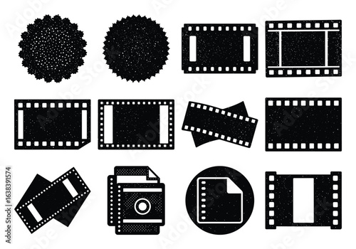 Collection of vintage film strips and circular seals isolated on white background