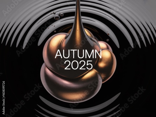 Elegant Bronze and Rose Gold Fluid Shape with 'AUTUMN 2025' Text over Water