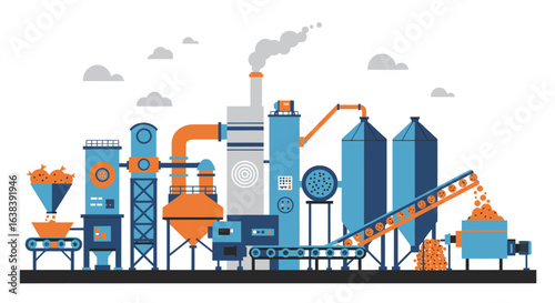 Stylized flat vector illustration of a vibrant food processing plant scene
