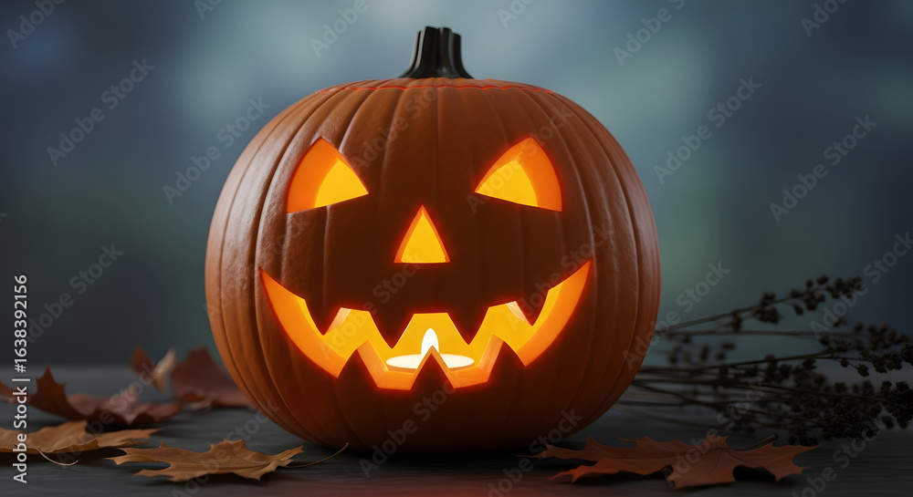 Fototapeta premium A glowing jack o lantern with leaves and a dark background on a table for halloween celebration time