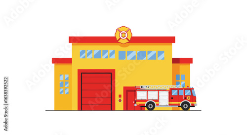 Stylized flat vector illustration of a vibrant fire department building