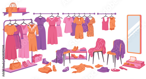 Vibrant flat vector illustration of a clothing store dressing room interior