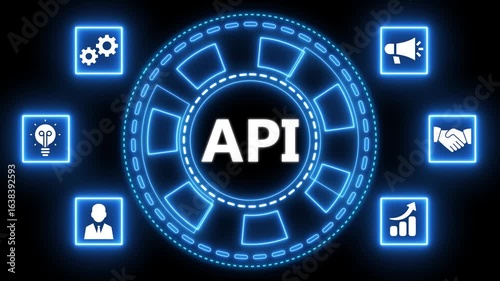 Animated illustration of api concept with associated business and technology symbols