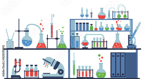 Stylized flat vector illustration of a vibrant chemistry laboratory interior scene