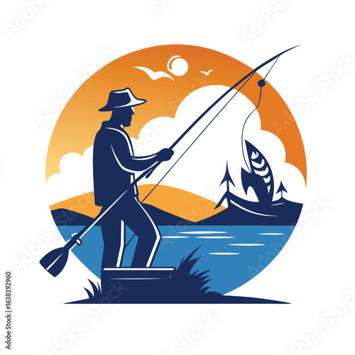 Fishing Duotone Illustration on White Background