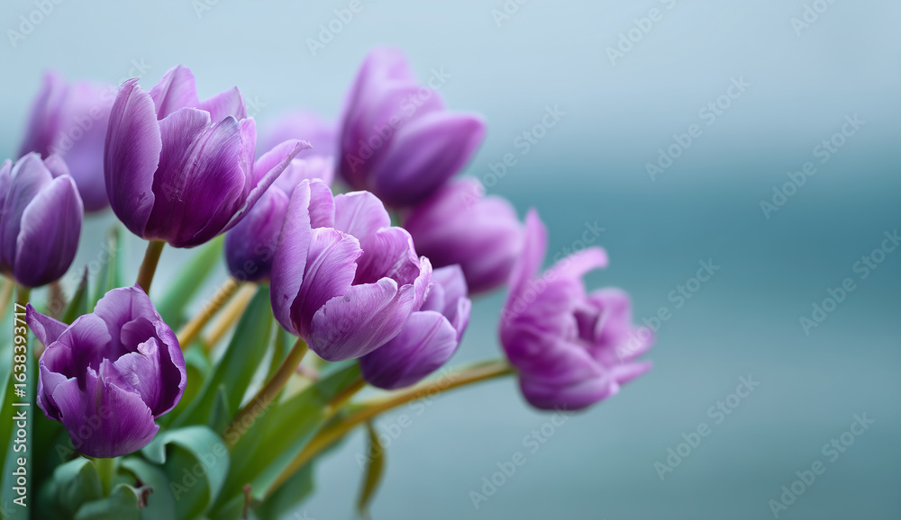 Obraz premium Close up of vibrant purple tulips against a soft blue background spring flowers floral