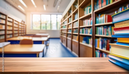 blurred background of school library with books on shelves