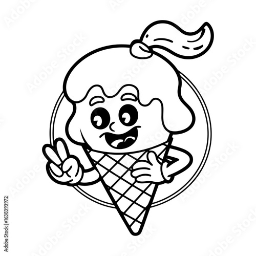 Cute cartoon ice cream cone character with a ponytail and peace sign isolated on transparent background
